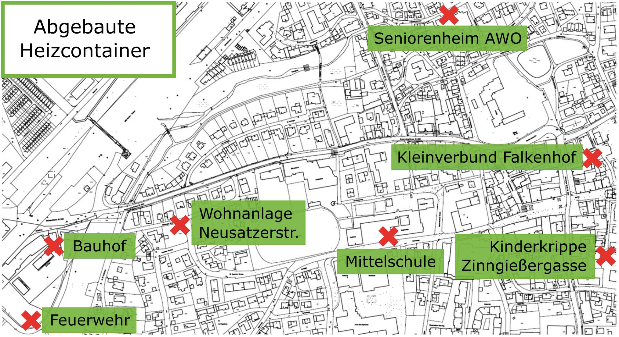 Karte mit den Standorten, wo die sieben Heizcontainer abgebaut wurden. Dort ist das Stadtbild nun aufgewertet. Seniorenwohnheim AWO, Kinderkrippe, Mittelschule, Feuerwehr, Falkenhof, Neusatzerstraße und Bauhof